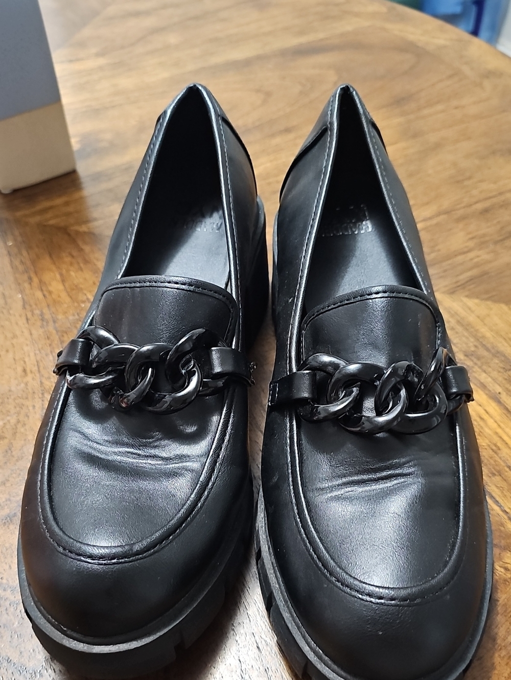 Women's Madden NYC Black Chain-Trim Leather Loafers